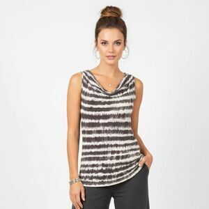 Max Mara 100% Linen Gray & Ivory Striped Sleeveless Drape Neck Top S